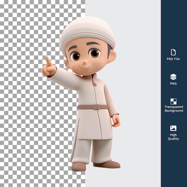 Psd 3d illustration happy muslim young boy character smiling and pointing