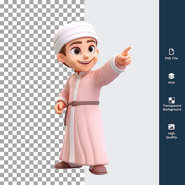 Psd 3d illustrazione felice giovane ragazzo musulmano personaggio sorridendo e indicando