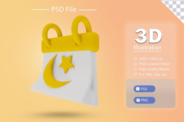 Psd 3d illustration of islamic ramadan with calendar fasting 30 days rendering icon on isolated