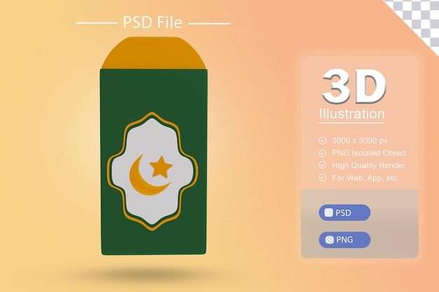 Psd 3d illustration of islamic ramadan with eid envelope rendering icon on isolated cutout