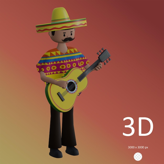 psd 3d illustration of mexican guy playing the guitar