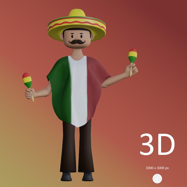 PSD psd 3d illustration of mexican guy playing with maracas