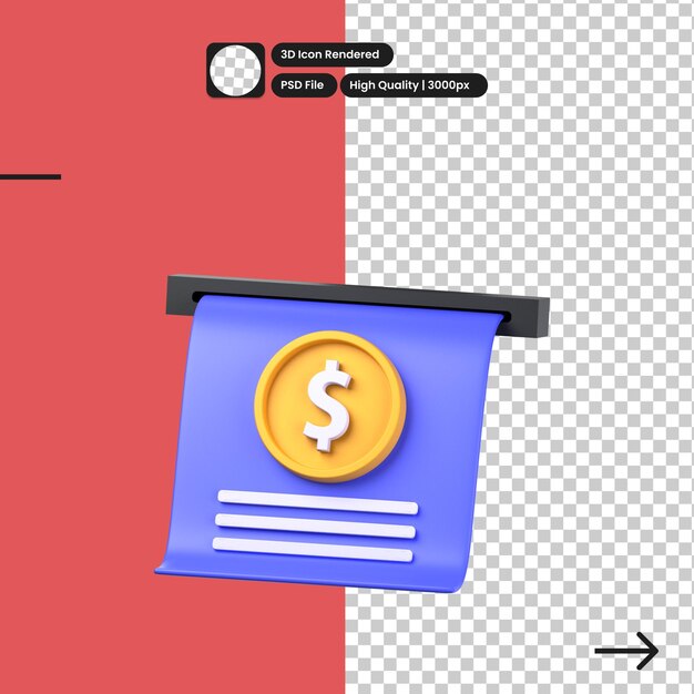 PSD 3D ilustracja kwitu bankomatu