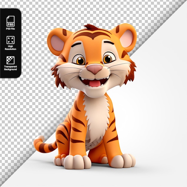 PSD psd 3d-karakter van een schattige tijger geïsoleerd op transparante achtergrond