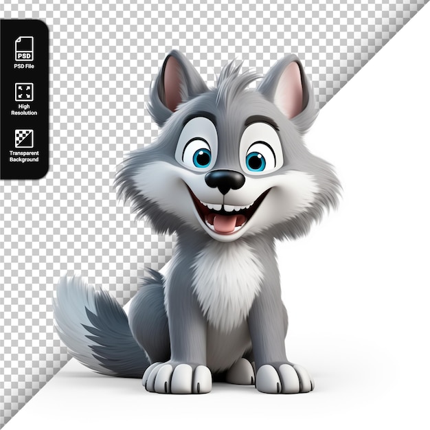 Psd 3d-karakter van een schattige wolf geïsoleerd op transparante achtergrond