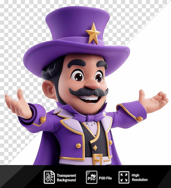 Psd 3d magician cartoon performing mind boggling tricks with a purple hat and gold star while a toy and a hand are visible in the background png