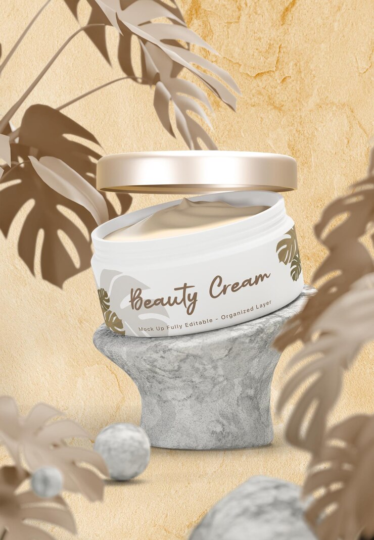 PSD psd 3d mockup white container of beauty cream with gold cap on it