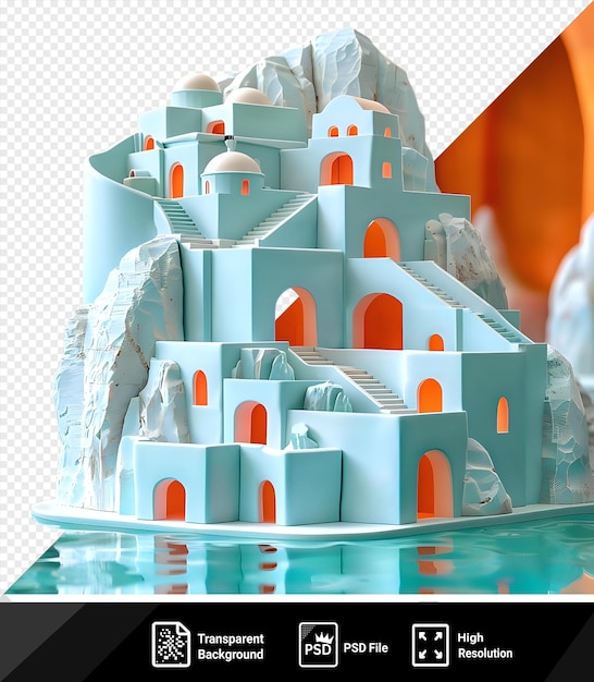 Modello psd 3d della caldera di santorini con un edificio bianco e blu