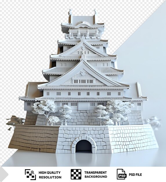 PSD psd 3d model van het kasteel van osaka met een kleine boom en een wit gebouw