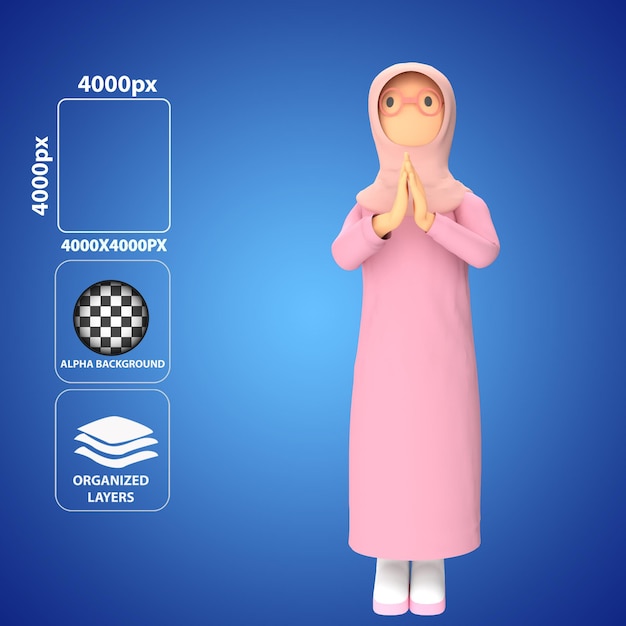 PSD 3d Moslimvrouw poseren verontschuldigend Eid Mubarak concept 3D-rendering op blauwe achtergrond