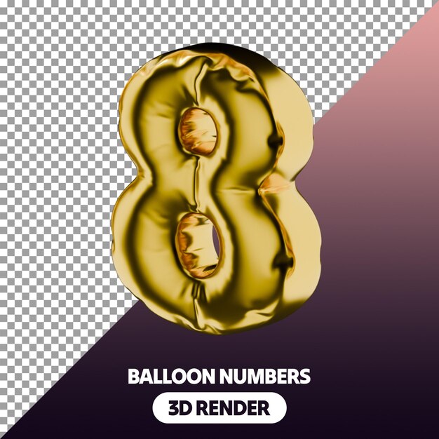 PSD 3d Opgeblazen Ballon Icon van Numeric Digit PNG Geïsoleerde 3D Render in Metallic Gold Color