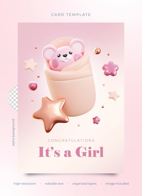 psd 3d pink girl bear baby shower card template