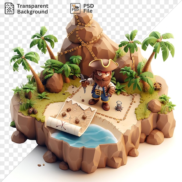 PSD psd 3d pirate cartoon hunting for hidden treasure on a desert island