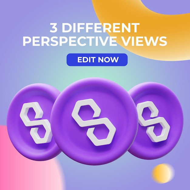 Psd 3d polygon cryptocurrency coin in three different perspective views on abstract background