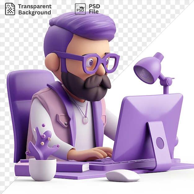 Psd 3d 프로그래머는 보라색 램프와 보라색 머리카락, 보라색 안경과 보라색 얼굴을 가진 컴퓨터 책상에서 만화 코딩을 하고 있으며, 색과 보란색 장난감이 근처에 앉아 있습니다.