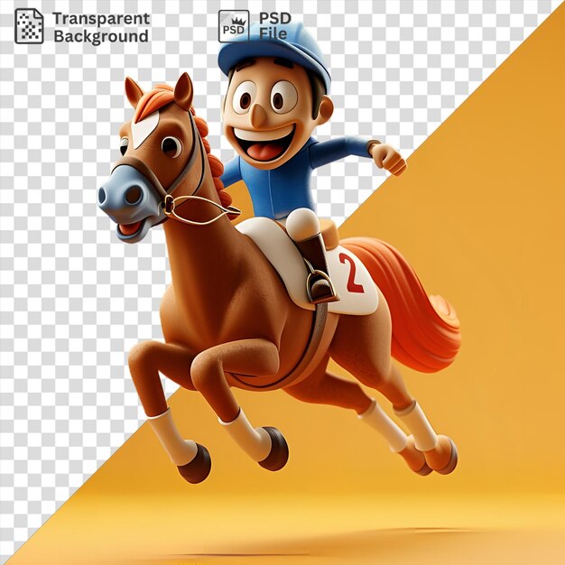 PSD psd 3d racepaard jockey cartoon wint een race met een bruin paard en oranje staart draagt een blauwe hoed en houdt een speelgoed terwijl een wit been zichtbaar is op de voorgrond