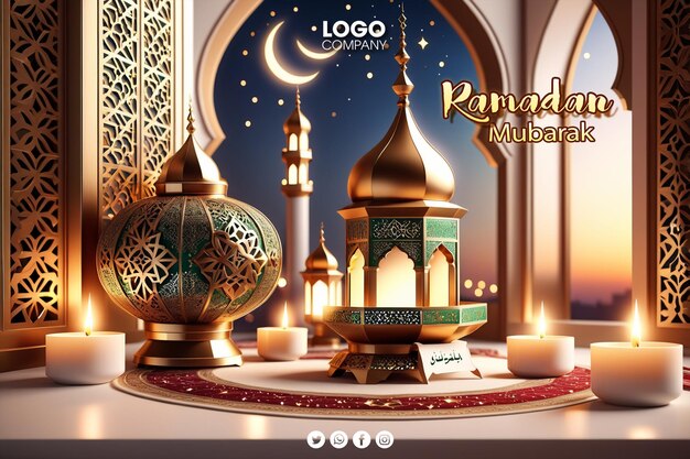 PSD 3d Ramadan or Islamic holiday celebration banner layout with mosque lanterns