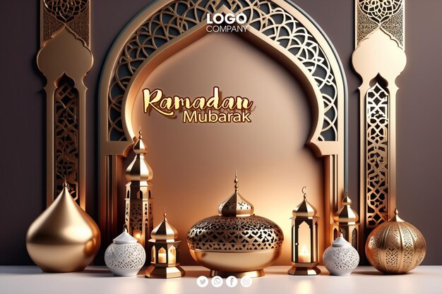 PSD psd 3d ramadan or islamic holiday celebration banner layout with mosque lanterns