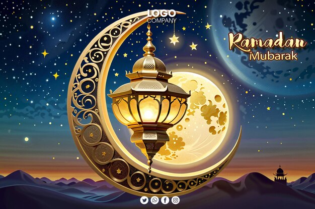 PSD psd 3d ramadan o banner di celebrazione di una festa islamica con lanterne di moschea