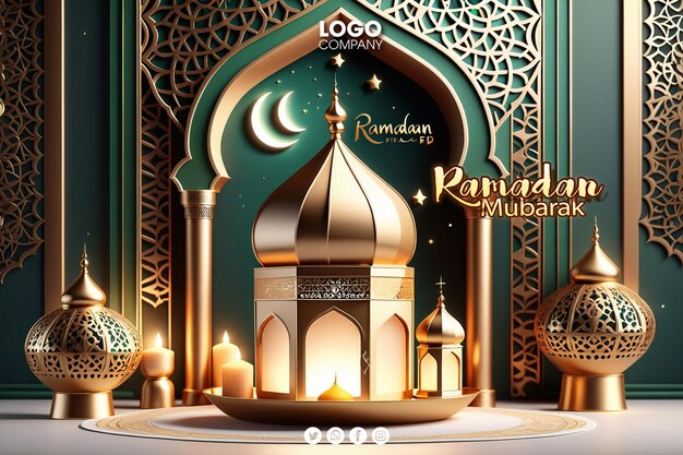 Psd 3d ramadan or islamic holiday celebration banner layout with mosque lanterns