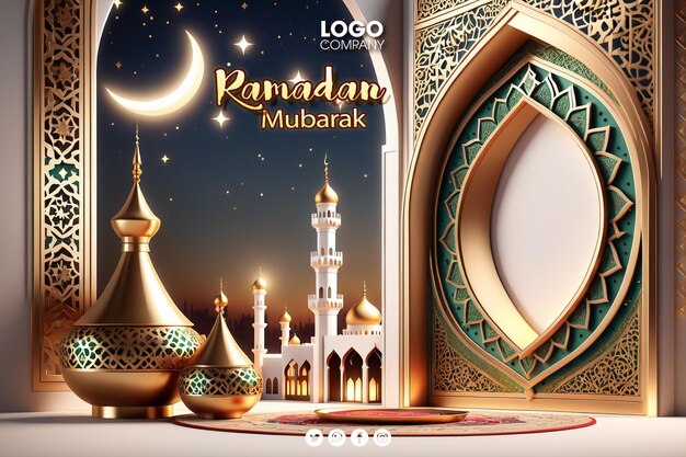 Psd 3d ramadan or islamic holiday celebration banner layout with mosque lanterns