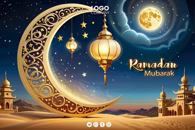 Psd 3d Ramadan Lub Islamskie święto świętowanie Banner Układ Z Latarniami Meczetów