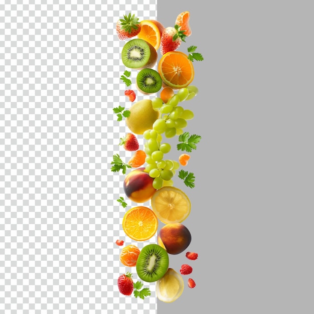 PSD psd 3d realistic fresh fruits flying in air on isolated transparent background