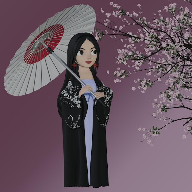 PSD psd rendering 3d di una ragazza asiatica che indossa un abito da geisha con ombrello isolato su sfondo viola