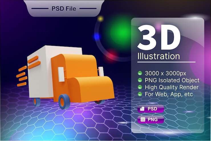 PSD psd 3d render business and online store illustration of delivery shipping car app icon isolated