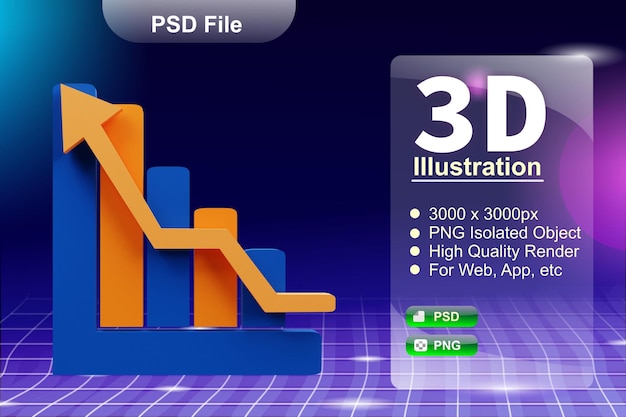 Psd 3d render business and online store illustration of graph going up app icon isolated