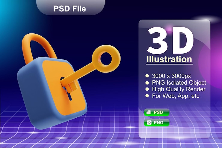 PSD psd 3d render business and online store illustration of padlock security app icon isolated