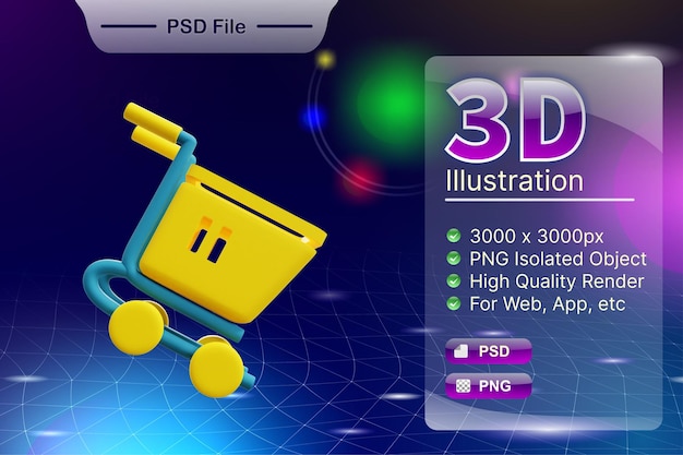 Psd 3d render business and online store illustration of shopping cart app icon isolated