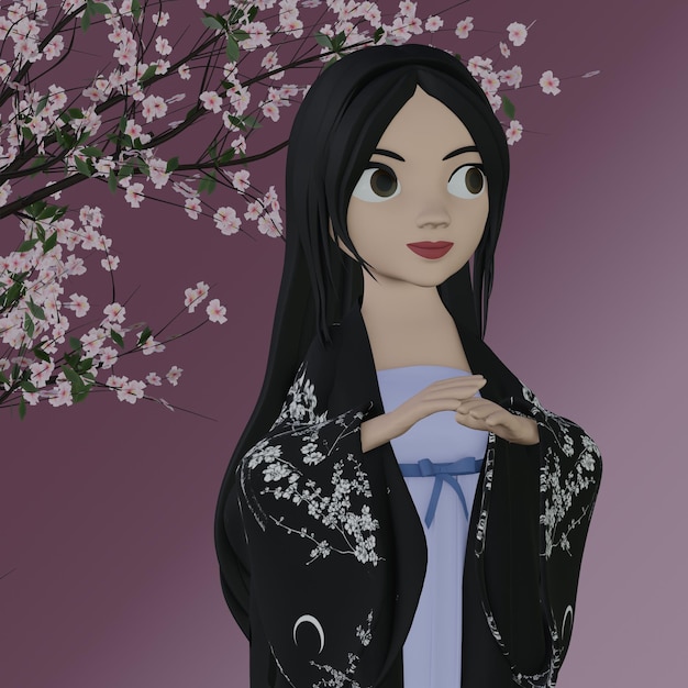 PSD psd rendering 3d di una ragazza asiatica carina che indossa un abito da geisha isolato su sfondo viola con sakura