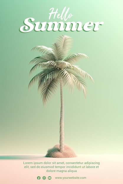 PSD psd 3d render een minimalistische poster voor een strand met een palmboom erop happy summer