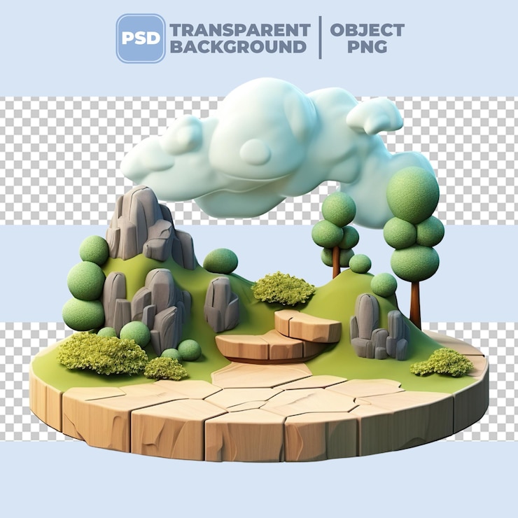 PSD psd 3d рендеринг фантастической земли с деревьями и облаками в небе прозрачный фон png