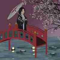 PSD psd rendering 3d di una geisha sul ponte isolato su sfondo viola con fiori di sakura