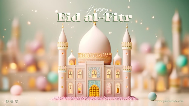 Psd 3d render gelukkige eid alfitr poster met moskee achtergrond