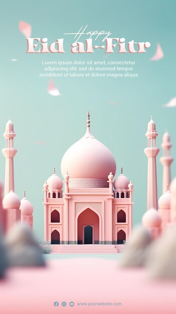 PSD psd 3d render happy eid alfitr poster with mosque background