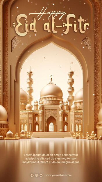 PSD psd 3d render happy eid alfitr poster with mosque background