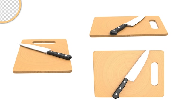 Psd 3d render houten snijplank met mes transparante achtergrond