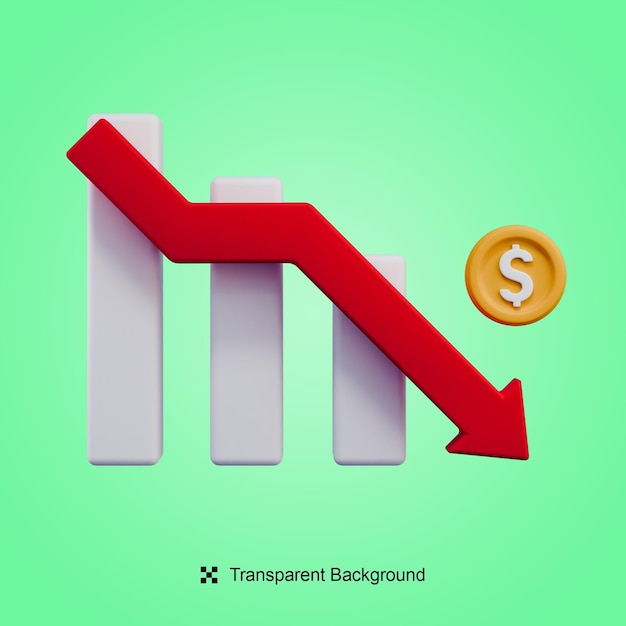 psd 3d render illustration money graph a red arrow pointing down
