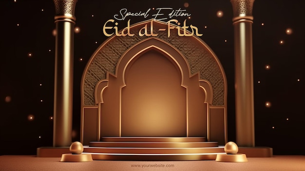 Psd 3d render luxurious podium in islamic style happy eid alfitr