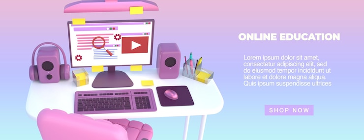 PSD psd 3d render online education with desktop