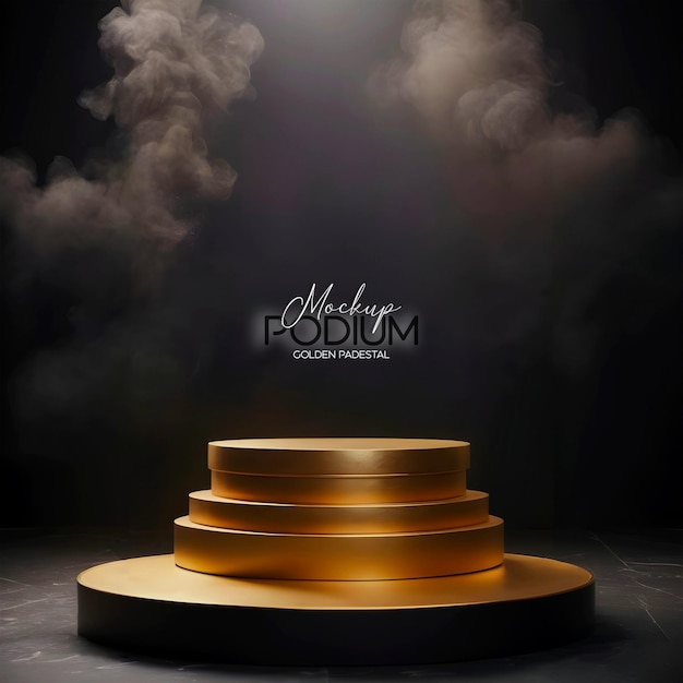 Psd 3d render realistic golden product display podium mockup with dark smoky cloudy backdrop