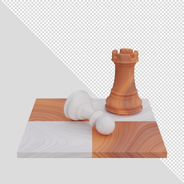 Psd 3d render schaakfiguren pion en toren op een schaakbord