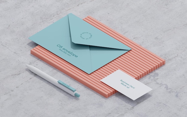 Psd 3d визуализация фирменного стиля канцелярских товаров макет визитной карточки конверт ручка