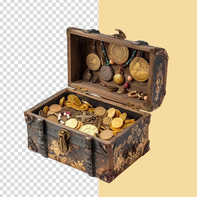 Psd 3d render treasure houten doos vol gouden munten op geïsoleerde transparante achtergrond