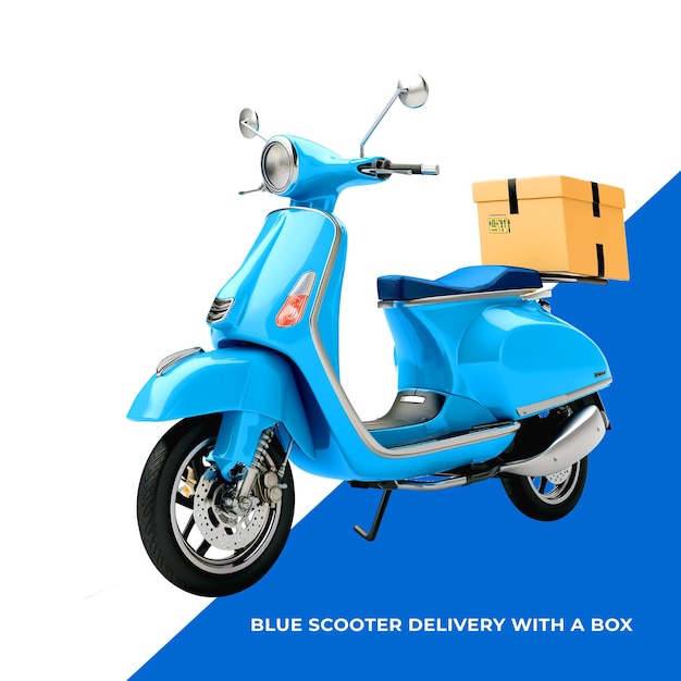 Psd 3d render van levering blauwe scooter fiets met doos