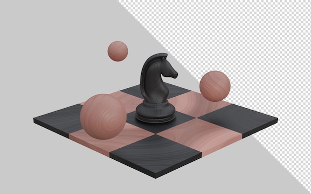 Psd 3d render wooden chess figure knight spheres on a chessboard