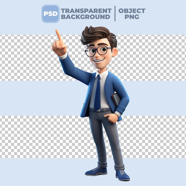 PSD psd 3d render of a young business man with finger point up pose on transparent background png